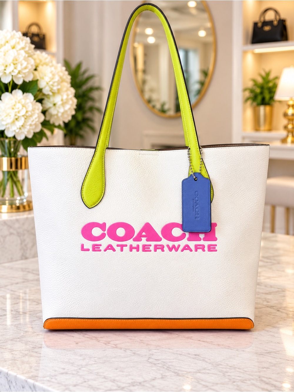 Coach White Leather Tote with Pink Logo and Neon Green Handles